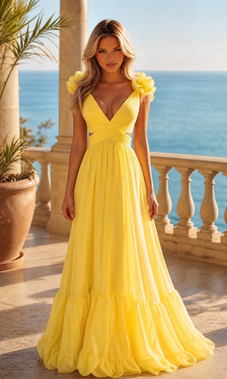 Long Prom Dress With Ruffle Straps: PromGirl Exclusive Light Yellow