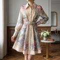 Floral Linen Mini Dress Lantern Sleeve Lapel Shirt Dress
