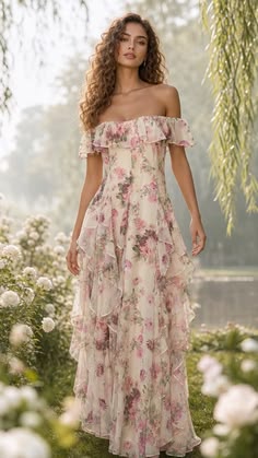 Chiffon Scoop Neck Ruffle Maxi Dress, Floral Pink Combo, XL