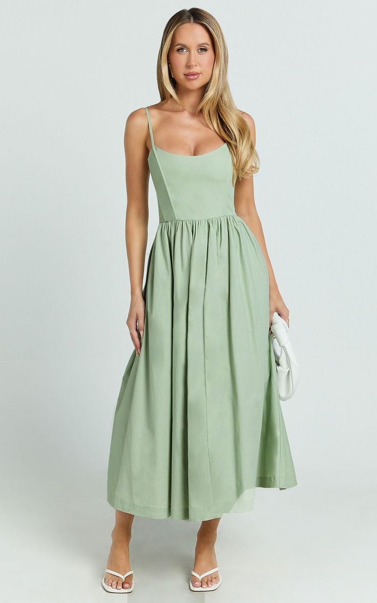 Braelyn Midi Dress Scoop Neck Flare Dress In Sage
