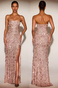 Embellished Bandeau Neck Strapless Gown In Rose Gold