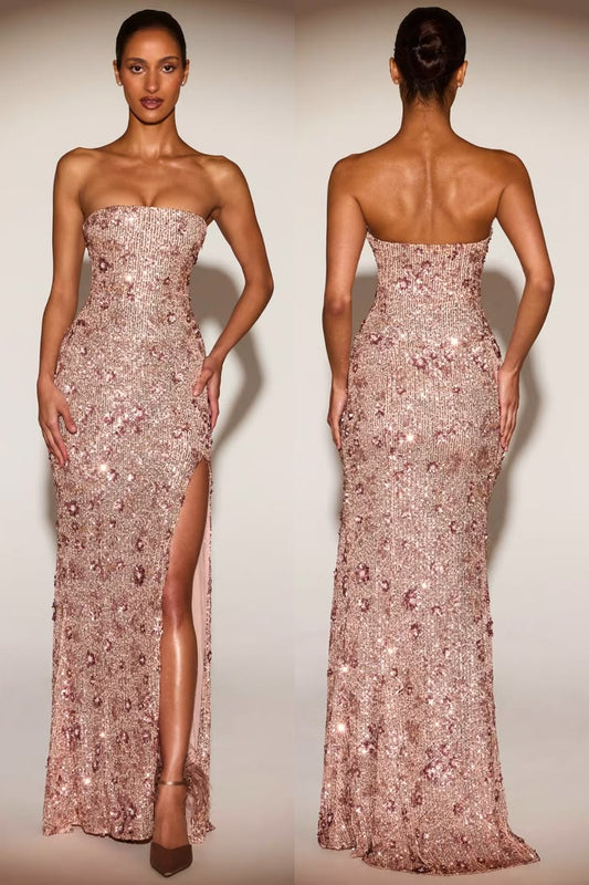 Embellished Bandeau Neck Strapless Gown In Rose Gold