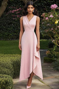 Women Pink Satin Long Work Dress With Ruffles V Neck Asymmetrical