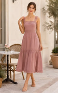 Lace Trim Sundress Dusty Rose A Line Square Neck Sleeveless Tea Length