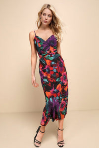 Beautiful Entrance Multi Floral Print Twist Front Midi Dress