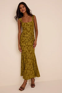 Celeste Olive Green Floral Burnout Bustier Maxi Dress