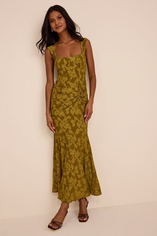 Celeste Olive Green Floral Burnout Bustier Maxi Dress