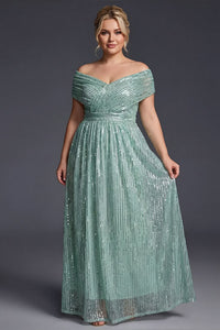 Green Curveins Plus Size V Neck Sequin Maxi Dress