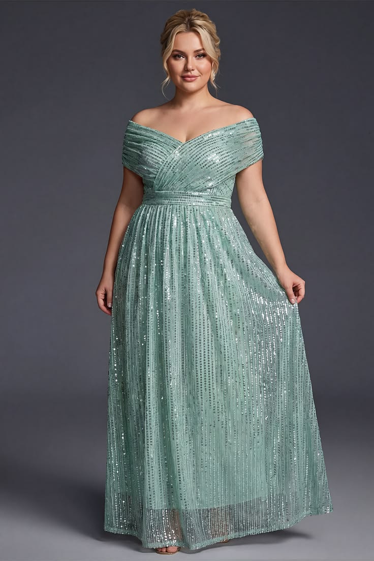 Green Curveins Plus Size V Neck Sequin Maxi Dress