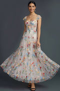 White Floral Corset Square Neck A Line Wedding Guest Dress