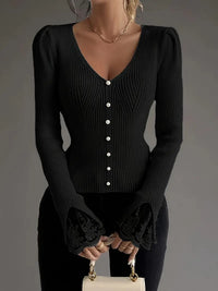 Isabella – Ribbed V-Neck Knit with Lace Sleeves