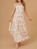 Floral Smocked Tiered Maxi Dress With Tie Straps