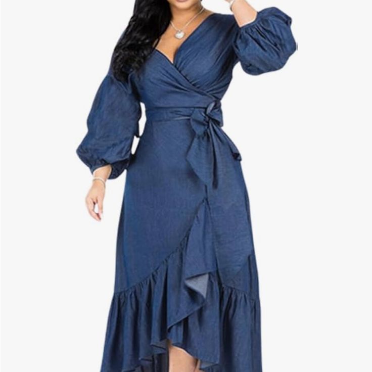Elegant Blue Wrap Dress Color: Blue Size: L