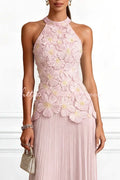 Emilie 3D Floral Embroidery Pleated Chiffon Hem Halter Neck Sleeveless
