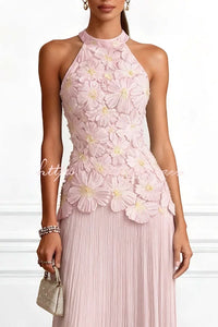 Emilie 3D Floral Embroidery Pleated Chiffon Hem Halter Neck Sleeveless