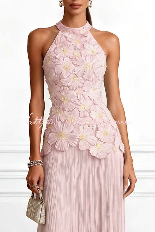 Emilie 3D Floral Embroidery Pleated Chiffon Hem Halter Neck Sleeveless