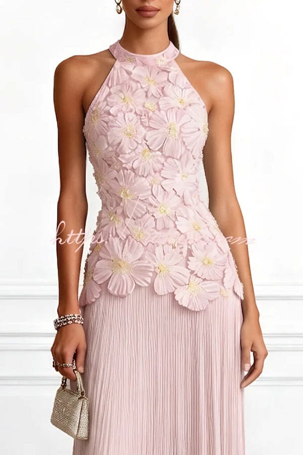 Emilie 3D Floral Embroidery Pleated Chiffon Hem Halter Neck Sleeveless