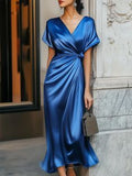 Women Elegant Maxi Dress High Waist X Line V Neck Satin Raglan Sleeves
