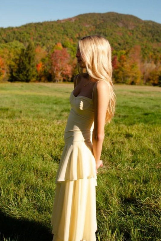 Spaghetti Straps Yellow Ruffled Hem Maxi Dress