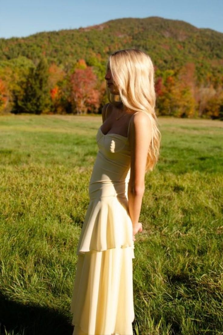 Spaghetti Straps Yellow Ruffled Hem Maxi Dress