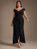 Ruffle Crepe Cap Sleeve Evening Dress Black