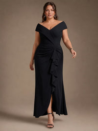 Ruffle Crepe Cap Sleeve Evening Dress Black