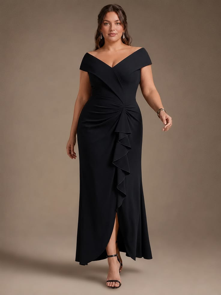 Ruffle Crepe Cap Sleeve Evening Dress Black
