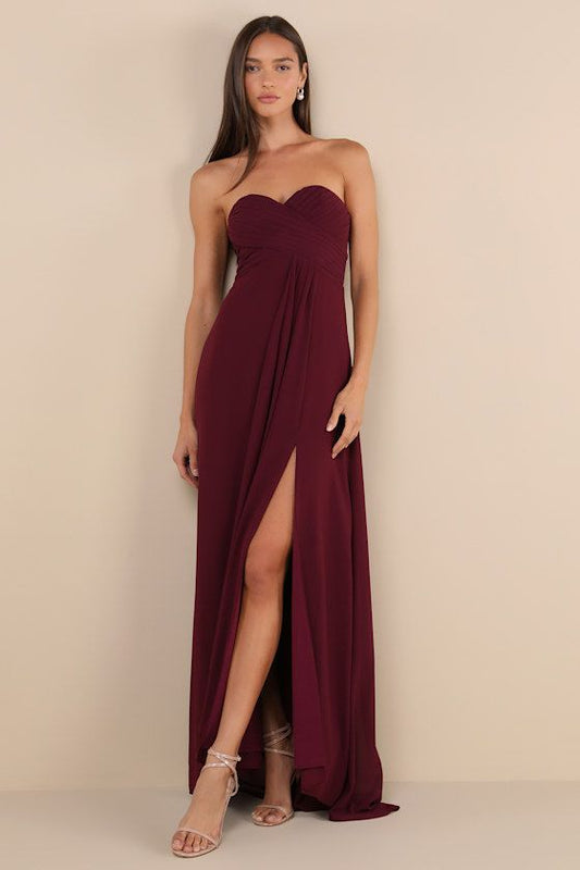 Splendid Aura Plum Purple Chiffon Pleated Strapless Maxi Dress
