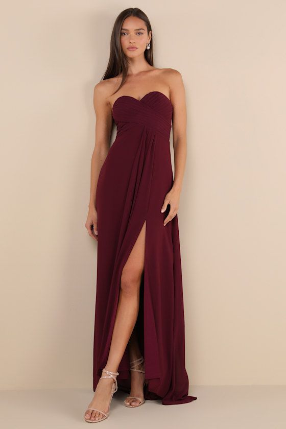 Splendid Aura Plum Purple Chiffon Pleated Strapless Maxi Dress