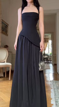 Chic Strap Sheath Long Prom Dress Chiffon Black Evening Dress