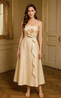 Cream Beaded Floral Strapless A Line Gown