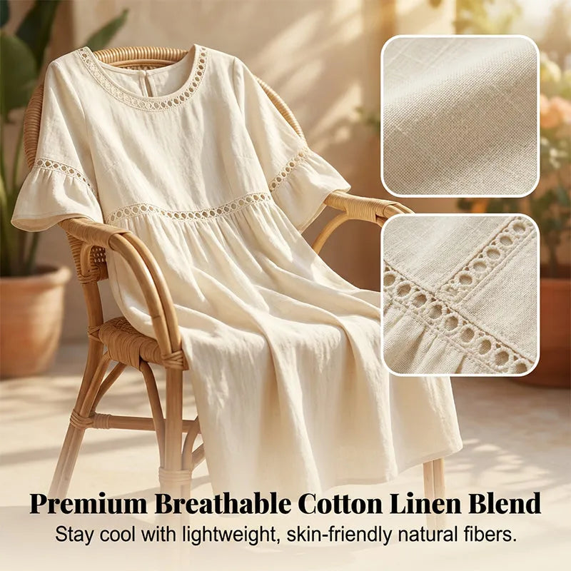 Raeven - Lightweight Midi Dress with Lace Cut-Out Details and Flutter Sleeves