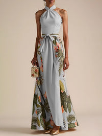 Beige Bow Satin Halter Floral Sleeveless A Line Maxi Dress Gray