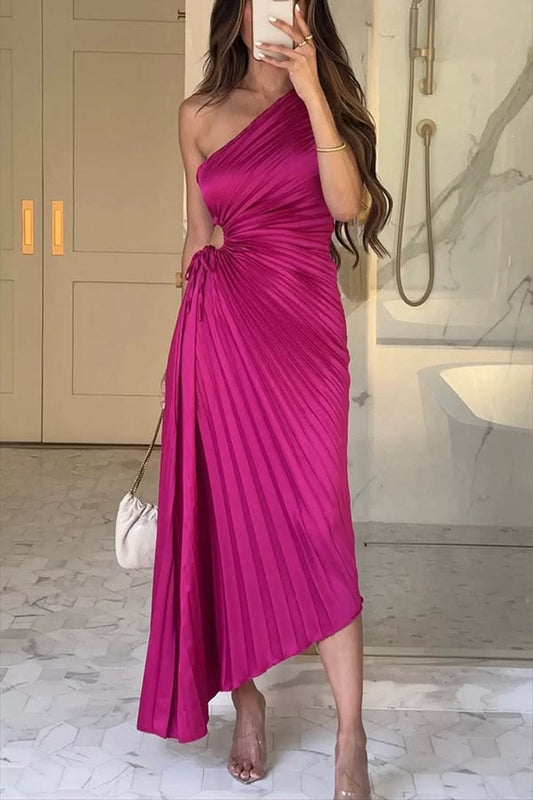 Glam Vibes Satin One Shoulder Side Cutout Pleated Maxi Dress Rose Red