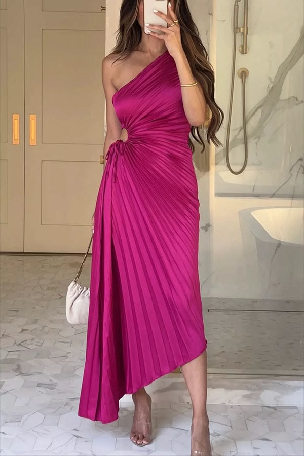 Glam Vibes Satin One Shoulder Side Cutout Pleated Maxi Dress Rose Red