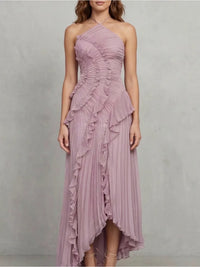 Mauve Pleated One Shoulder Ruffle Maxi Dress Color: Pink Size: S