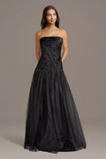Strapless Beaded Drop Waist Ball Gown