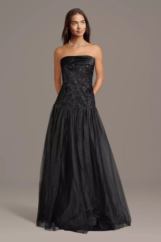Strapless Beaded Drop Waist Ball Gown
