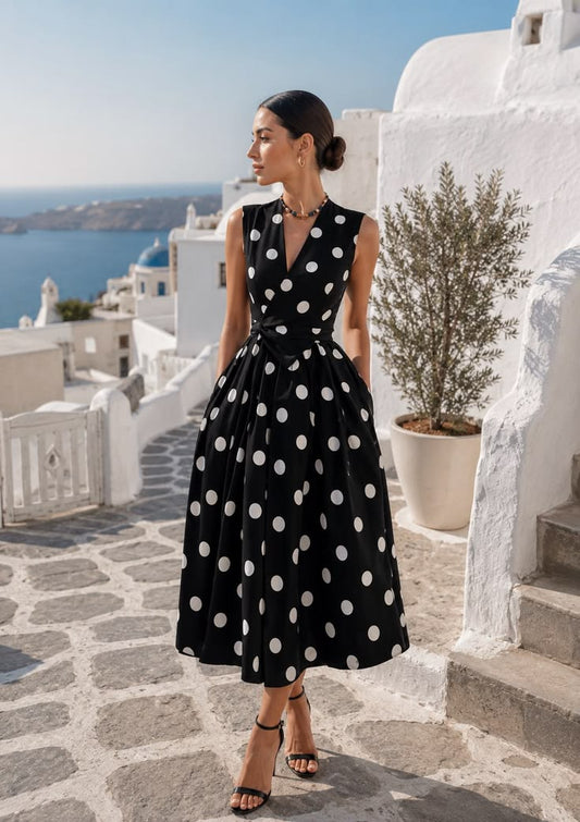 1950s Polka Dot Midi Dress, Audrey Hepburn Style A Line Sundress,