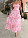 Straps Square Neckline Sleeveless Pink Layers Wedding Guest Dress