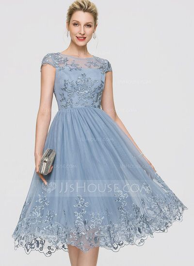 Dusty Blue A Line Scoop Knee Length Tulle Lace Cocktail Dress With