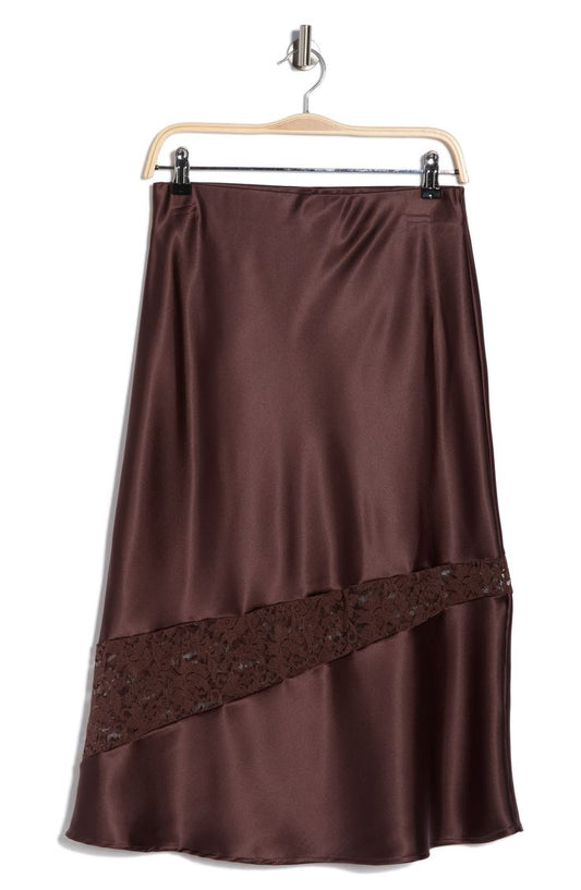 Renee C Satin & Lace Midi Skirt In Brown At Rack, Size X Small