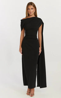 Visenta Midi Dress Asymmetrical Sleeve Dress In Black