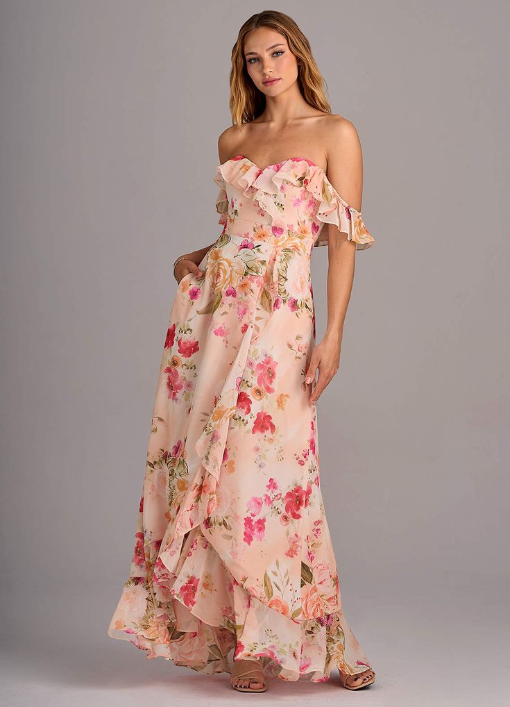 Bridesmaid Dress Chiffon Pink A Line Strapless Floor Length Abstract