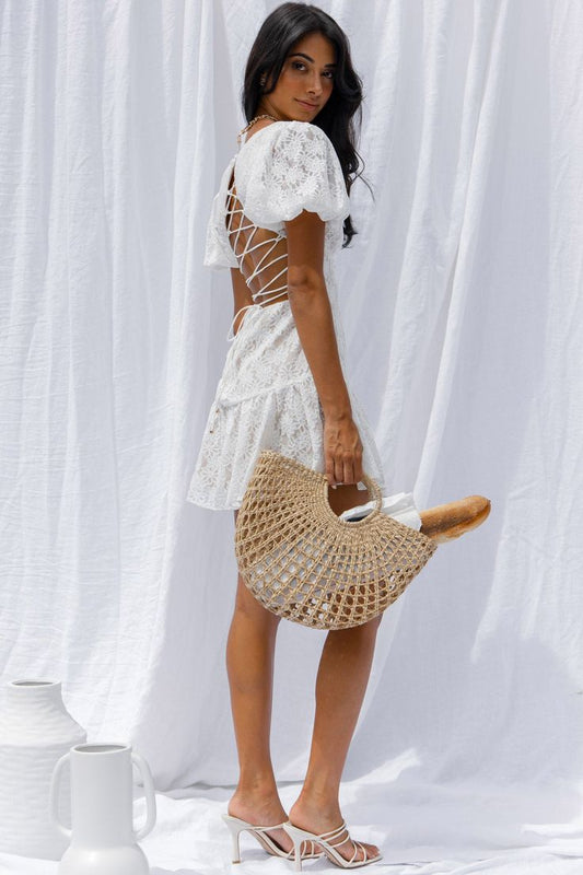 Petite Cherie Puff Sleeve Lace Up Back Dress Lace White