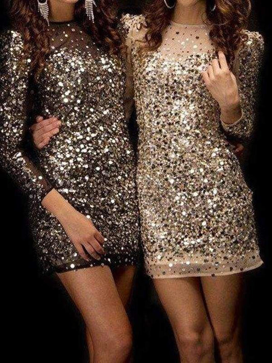 Sheath Long Sleeves Bateau Sequins With Beading Short Mini Dress