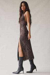Plunge Halter Ruched Mesh Midi Dress