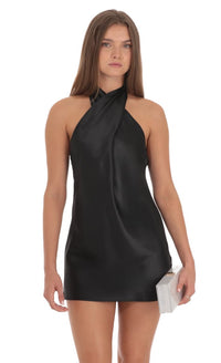 Satin Cross Halter Dress In Black
