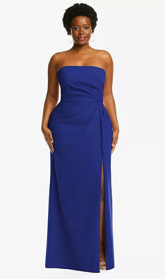 Strapless Pleated Faux Wrap Trumpet Gown With Front Slit