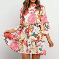 Boho Floral Print 3 4 Ruffle Sleeve Belted Mini Dress Color: Red Size: